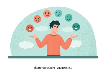 Emotional balance concept. Man develops his emotional intelligence, definition of mood. Consciousness, self development and selfcontrol. Character juggles emoticons. Cartoon flat vector illustration - Shutterstock ID 2131055759