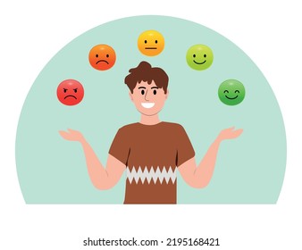 Emotional balance concept. Man develops his emotional intelligence, definition of mood. Consciousness, self development and selfcontrol. Character juggles emoticons.