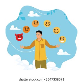 Emotional balance concept. A man develops his emotional intelligence, definition of mood.