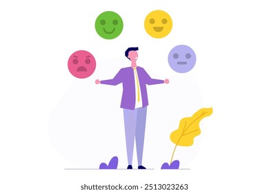 Emotional Balance Concept: A man enhancing his emotional intelligence, understanding moods, and cultivating self-awareness, self-development, and self-control. 