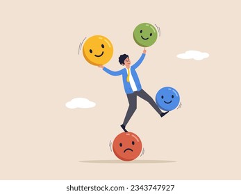 Emotional balance concept. Potential, motivation and aspiration, mental health. Male cartoon character standing balancing on emotional icon illustration. Cartoon flat vector illustration.