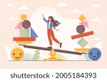 Emotional balance concept vith balancing female character. Good feeling choice over bad mood. Unstable mental state and tight emotion control. Flat cartoon vector illustration. Abstract metaphor