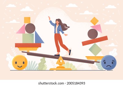 Emotional balance concept vith balancing female character. Good feeling choice over bad mood. Unstable mental state and tight emotion control. Flat cartoon vector illustration. Abstract metaphor