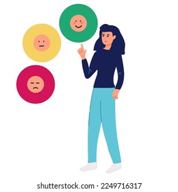Emotional balance concept. woman develops Her emotional intelligence, definition of mood. Consciousness, self development and selfcontrol. Character juggles emoticons.