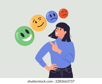 Emotional balance concept. Woman develops her emotional intelligence, definition of mood. Consciousness, self development and selfcontrol. Character juggles emoticons. Cartoon flat vector illustration