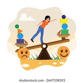 Emotional balance concept. A woman standing on scales, good feeling choice over bad mood.