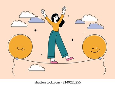 Emotional balance concept. Young girl walking along thin ribbon. Balance between joy and sadness, psychology and mental health, inner peace. Freedom and ease. Cartoon flat vector illustration