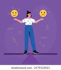 Emotional balance concept. Young girl chooses between positive and negative emotions. Psychology and mental health. Calmness and awareness, person choose feeling. Cartoon flat vector illustration