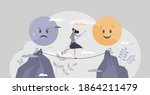Emotional balance as good feeling choice over bad mood tiny person concept. Female on slackline as tight emotion control with unstable mental state vector illustration. Choose your face expression.