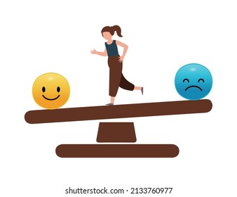 Emotional balance and harmony concept. Female cartoon character standing balancing on slackline with unstable mental state illustration. Potential, motivation and aspiration, mental health