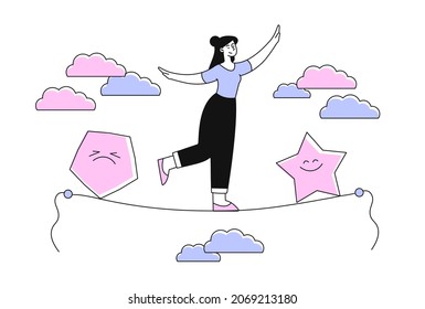 Emotional balance and harmony. Woman walks on thin rope to positive feeling. Metaphor for getting rid of negativity and improving mental state. Happy female character. Cartoon flat vector illustration