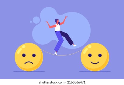 Emotional balance and harmony. Woman walks on thin rope to positive feeling. Metaphor for getting rid of negativity and improving mental state. flat vector illustration