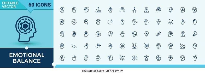 Emotional Balance icons set. Contains related to relax, mental, love, anxiety, Mindfulness, therapy, spirit, exercise and more. Thin linear style icons. Outline and solid pictogram.