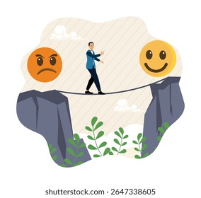 Emotional balance. A man walking on a tightrope chooses good feelings over bad moods.