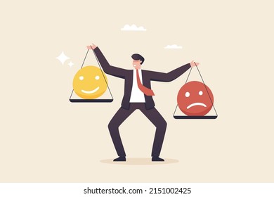 Emotional balance, psychological concept. mental balance Controlling emotions and feelings for work.  A young businessman tries to balance work and emotion.
