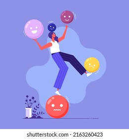 Emotional balance vector concept, female cartoon character standing balancing on emotional icon illustration, Potential, motivation and aspiration, mental health