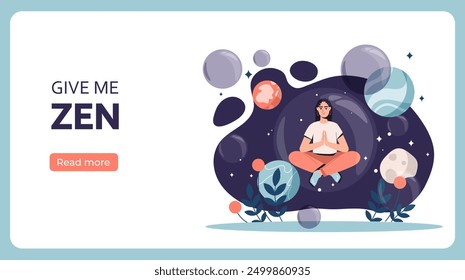 Emotional balance woman poster. Young girl sits in lotus position in bubble. Give me Zen. Meditation and concentration, awareness, mindfulness. Flat vector illustration isolated on white background