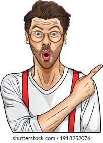 Emotional bearded male has surprised facial expression, astonished look, dressed in white shirt with red braces, points with index finger at upper right corner, shows copy space for advertisement