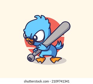 emotional bird mascot illustration carrying a baseball bat, logo icon vector. flat cartoon style