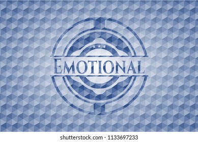 Emotional blue emblem with geometric background.