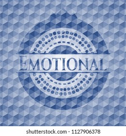 Emotional blue emblem with geometric pattern background.