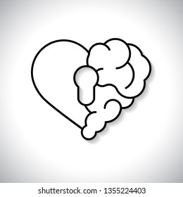 Emotional brain lock security. Broken Heart and Brain with key hall vector flat modern icon logo vector design. Interaction between soul key for intelligence, emotions