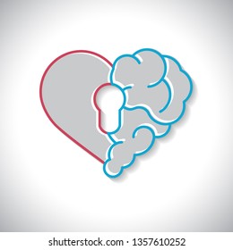 Emotional brain lock security. Broken Heart and Brain with key hall vector flat modern icon logo vector design.