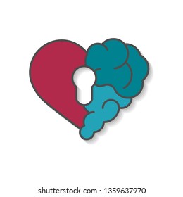 Emotional brain lock security. Broken Heart and Brain with key hall vector flat modern icon logo vector design. 