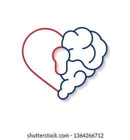 Emotional brain lock security. Broken Heart and Brain with key hall vector flat modern icon logo vector design. Interaction between soul key for intelligence, emotions, loneliness, divorce, broken rel