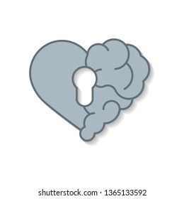 Emotional brain lock security. Broken Heart and Brain with key hall vector flat modern icon logo vector design. Interaction between soul key for intelligence, emotions, loneliness, divorce