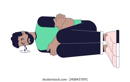 Emotional breakdown black man lying curled up 2D linear cartoon character. Depressive african american male isolated line vector person white background. Melancholy color flat spot illustration