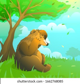 Emotional brown teddy bear on the lawn in woodland landscape scenery watching the butterfly sitting on his nose.Excited wild bear in forest looking at butterfly, green woodland scenery, kids cartoon. 