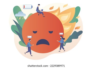 Emotional burnout. Burning emoji. Smile icon in fire. Low energy, tiredness, depression, stress level, mood scale, battery low. Overwork business people. Modern flat cartoon style. Vector illustration