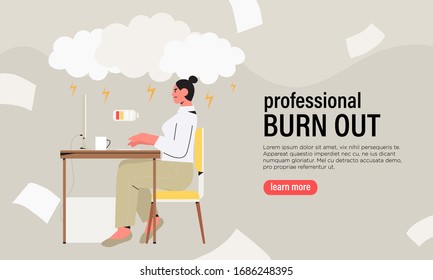 Emotional burnout concept with exhausted female worker or freelancer sitting at table in office or home. Frustrated angry depressed stressed worker, mental health problems banner, flyer, landing page.