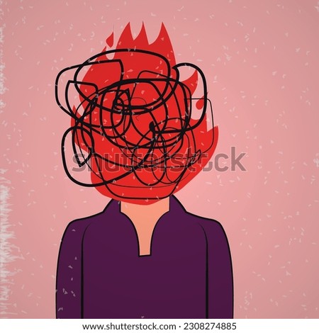 emotional burnout concept with man with cellphone and messy chaotic line and fire flame instead of head isolated on light background. vector illustration.