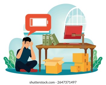 Conceito de esgotamento emocional. Um homem em um cenário de escritório, sentindo-se cansado por bateria de dispositivo baixo enquanto cercado por arquivos, caixas e móveis de escritório.