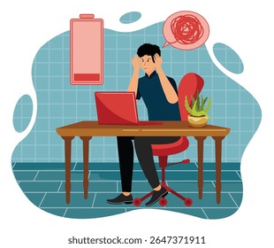 Emotional burnout concept. A man sitting at his desk in deep Emotional burnout, depicted by a low battery and scribbled speech bubble.