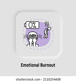 Emotional burnout concept with thin line icons, working fatigue, crying man, low battery. Depression, professional crisis, low activity. Vector illustration.