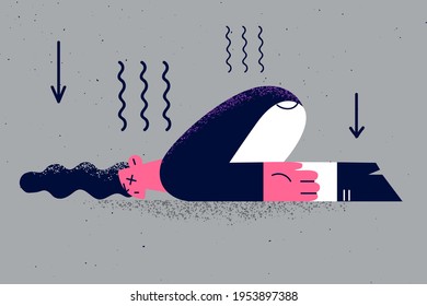 Emotional burnout and depression concept. Young sad woman lying on floor feeling Mental disorder or illness after hard work or failure vector illustration 