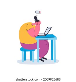 Emotional burnout female character is sitting at her workplace with a laptop in the office and holding her head. Low battery overhead. Flat vector illustration isolated on white background