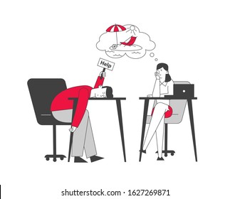 Emotional Burnout. Hard Work Business Man and Woman Sitting at Working Place with Computer in Office Hold Sign Help Dreaming of Vacation. Tired Businesspeople. Flat Vector Illustration Line Art