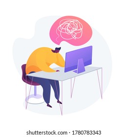 Emotional burnout. Lack of inspiration. Tiredness, overworked, fatigue. Exhausted office worker cartoon character sitting at workplace with computer. Vector isolated concept metaphor illustration