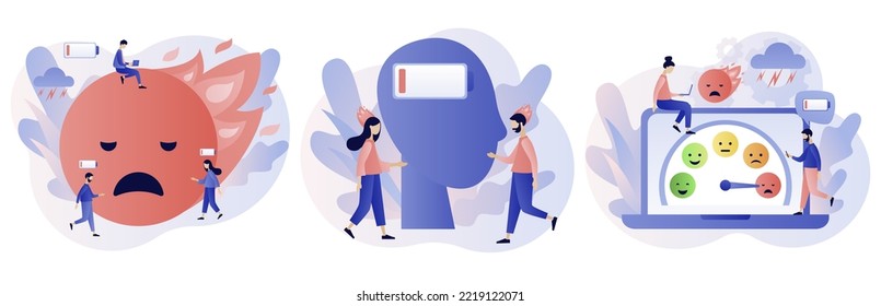 Emotional burnout. Low energy, tiredness, depression, stress level, mood scale, battery low. Overwork business people. Modern flat cartoon style. Vector illustration on white background
