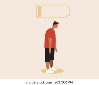 Emotional burnout in a man. Flat vector stock illustration. Battery charge. Stress, tiredness concept. Mental health. Burnout person. Vector graphics