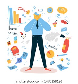 Emotional burnout man grabbed his head .Tired and exasperated office worker does not know what to do and emotionally burned out among documents and office supplies.Stress at work.Vector illustration