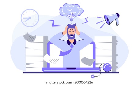 Emotional burnout Man head exploding under anxiety pressure Social demands and work life balance problems Acute stress disorder Work related stress concept vector illustration