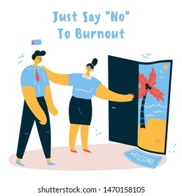 Emotional burnout man with his boss offering him a vacation.Tired office worker with low battery,emotional burnout concept.Hard work.Vector illustration