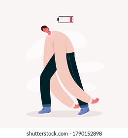 Emotional burnout man with low battery. Young overworked man feeling exhausted. Hard work. Psychological disorder, apathy idea.Deadline,stress, depression and fatigue concept.Vector illustration.