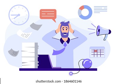 Emotional burnout Man's head exploding under anxiety pressure Social demands and work life balance problems Acute stress disorder Work related stress concept vector illustration