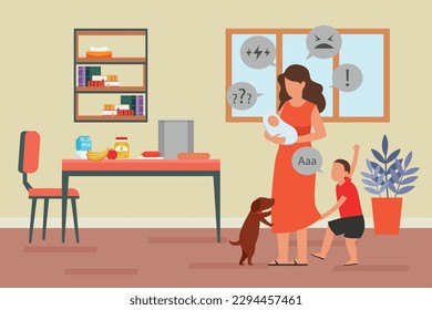 Emotional Burnout Of Mom with kids and pet 2d vector illustration concept for banner, website, illustration, landing page, flyer, etc